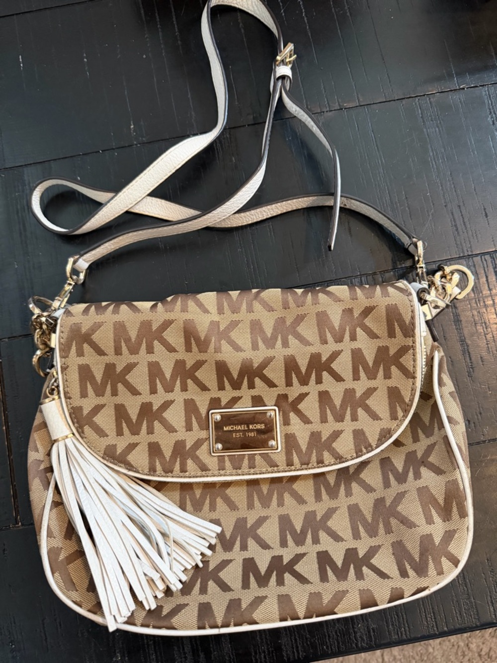 Michael Kors Brown Logo Crossbody Bag with White Leather Trim